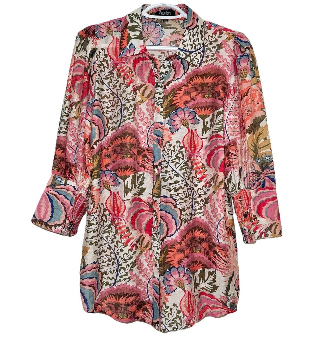 Papillon Boho Floral Paisley Blouse Smocked Sleeve Artsy Top